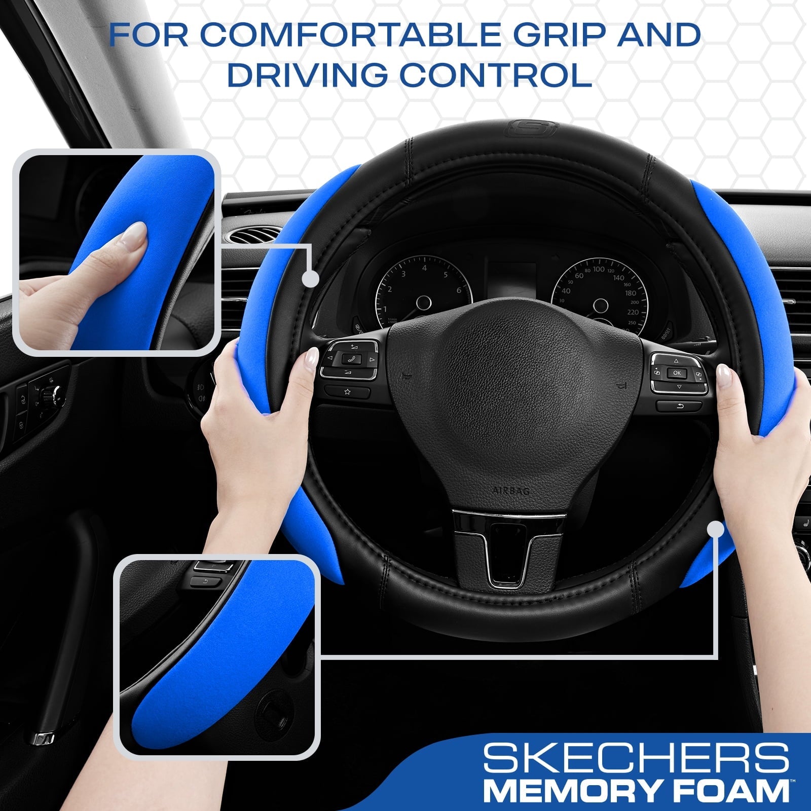 Skechers Steering Wheel Cover with Memory Foam, Breathable Non-Slip, Universal Fit 14.5"-15" Car Accessories Blue