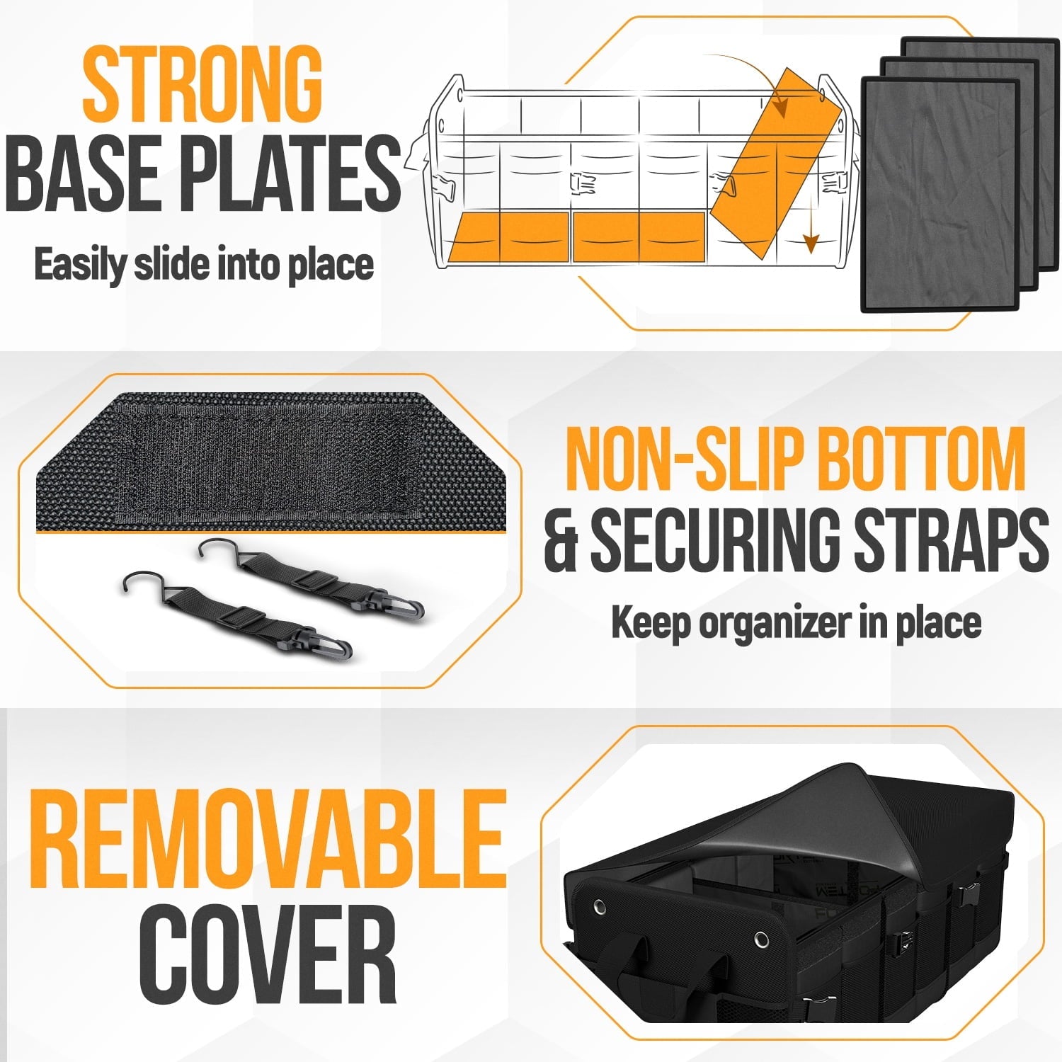 FORTEM SUV Trunk Organizer, Car Organizer, Collapsible Multi-Compartment Storage Bag for Car Accessories for Women Men, 1680D Oxford, Non Slip Bottom, Adjustable Straps, Soft Cover (90L)