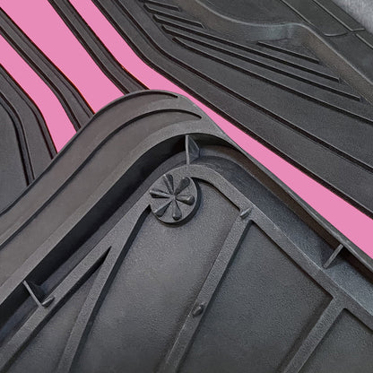 Rally 4-Piece Black with Pink Stripes Rubber Floor Mat Set