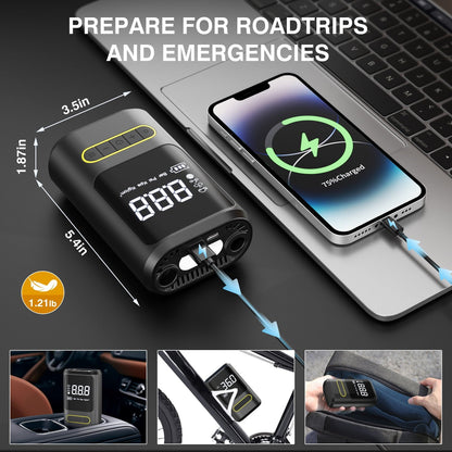 Cshidworld Tire Inflator Portable Air Compressor, 150 PSI & 4000mAh Cordless Bike Pump for Auto Bicycle Balls with Digital Pressure Gauge/LED Light, 3X Fast Inflation Smart Air Pump Black