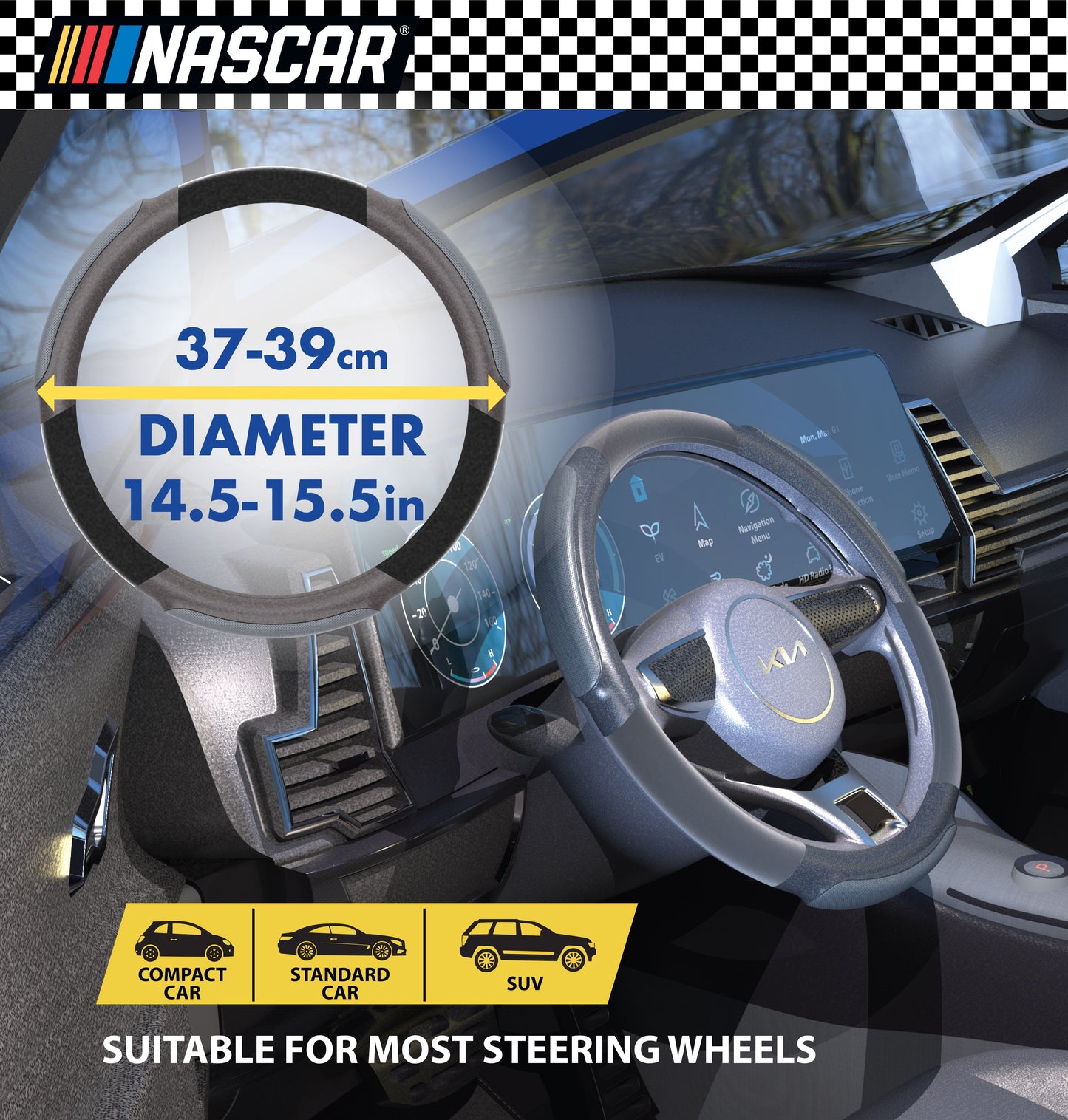 NASCAR Steering Wheel Cover | Grip & Comfort | Synthetic Leather & Suede | Universal Fit 14.5"-15.5" For Car, SUV, Truck | Turbo Traction Style