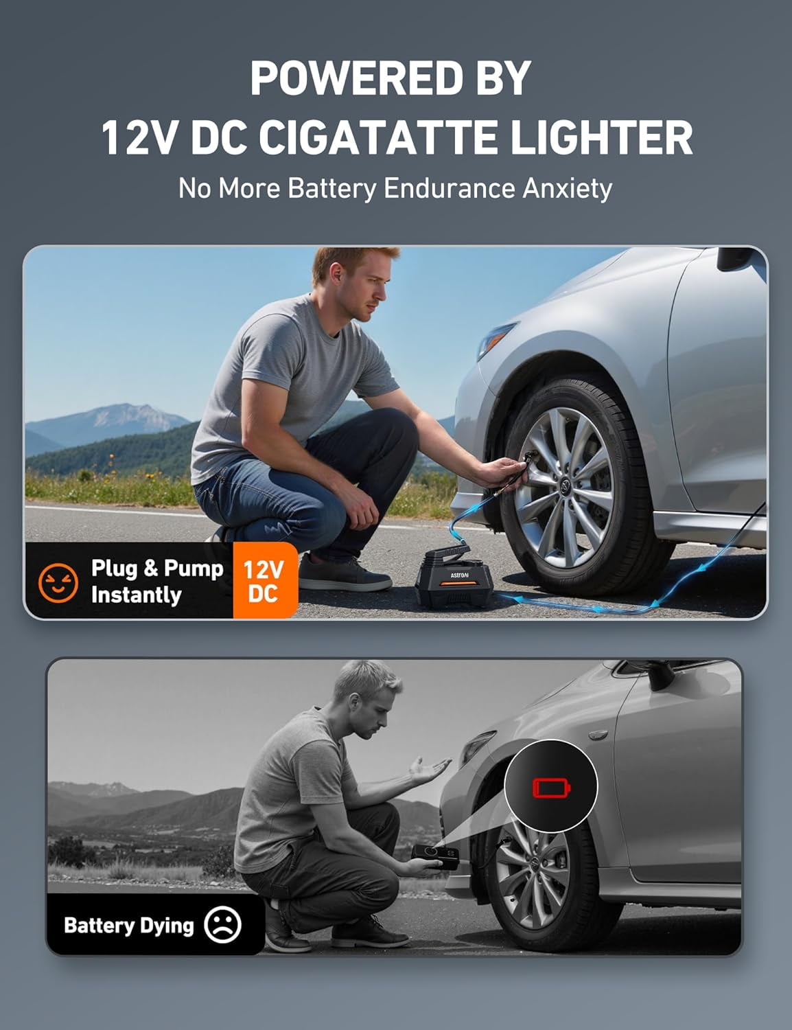 AstroAI Tire Inflator Portable Air Compressor Tire Air Pump for Car Tires - Car Accessories, 9.8Ft 12V DC-Powered Auto Pump with Digital Pressure Gauge, LED Light for Bicycle, Balloons, Orange