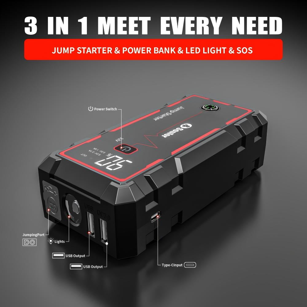 Car Battery Jump Starters, 3000A 12V Lithium Battery , Jumper Cables-for All Gas Engines, Jump Starter with Dual USB Power Bank QC 3.0 Fast Charging.