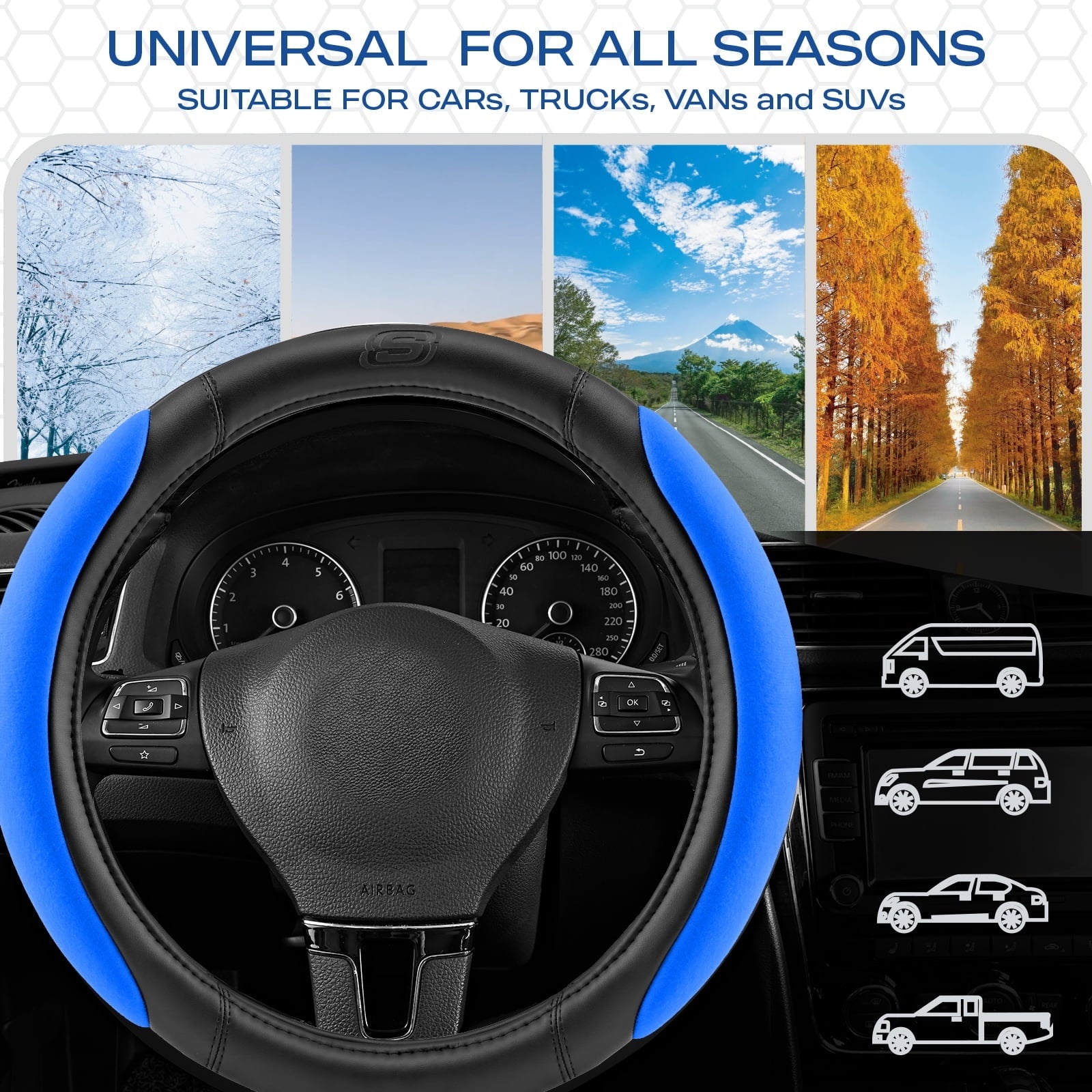 Skechers Steering Wheel Cover with Memory Foam, Breathable Non-Slip, Universal Fit 14.5"-15" Car Accessories Blue