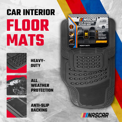NASCAR Premium Car Floor Mats, 4-Piece Set | Heavy Duty All-Weather Rubber | Universal Trim-to-Fit for Cars, Trucks & SUVs | Traps Dirt, Snow & Water