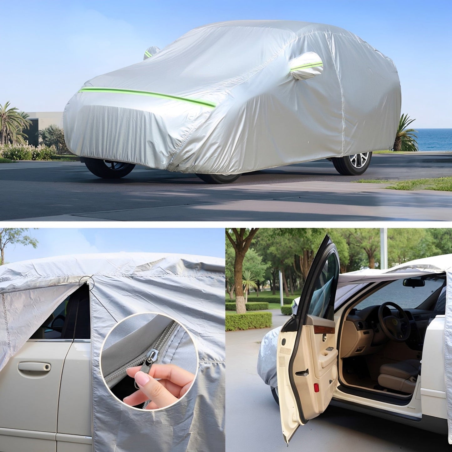 Floray Waterproof All-Weather Car Cover with Zipper Door – Heavy-Duty Windproof Protection for Sedan, UV and Snow Guard
