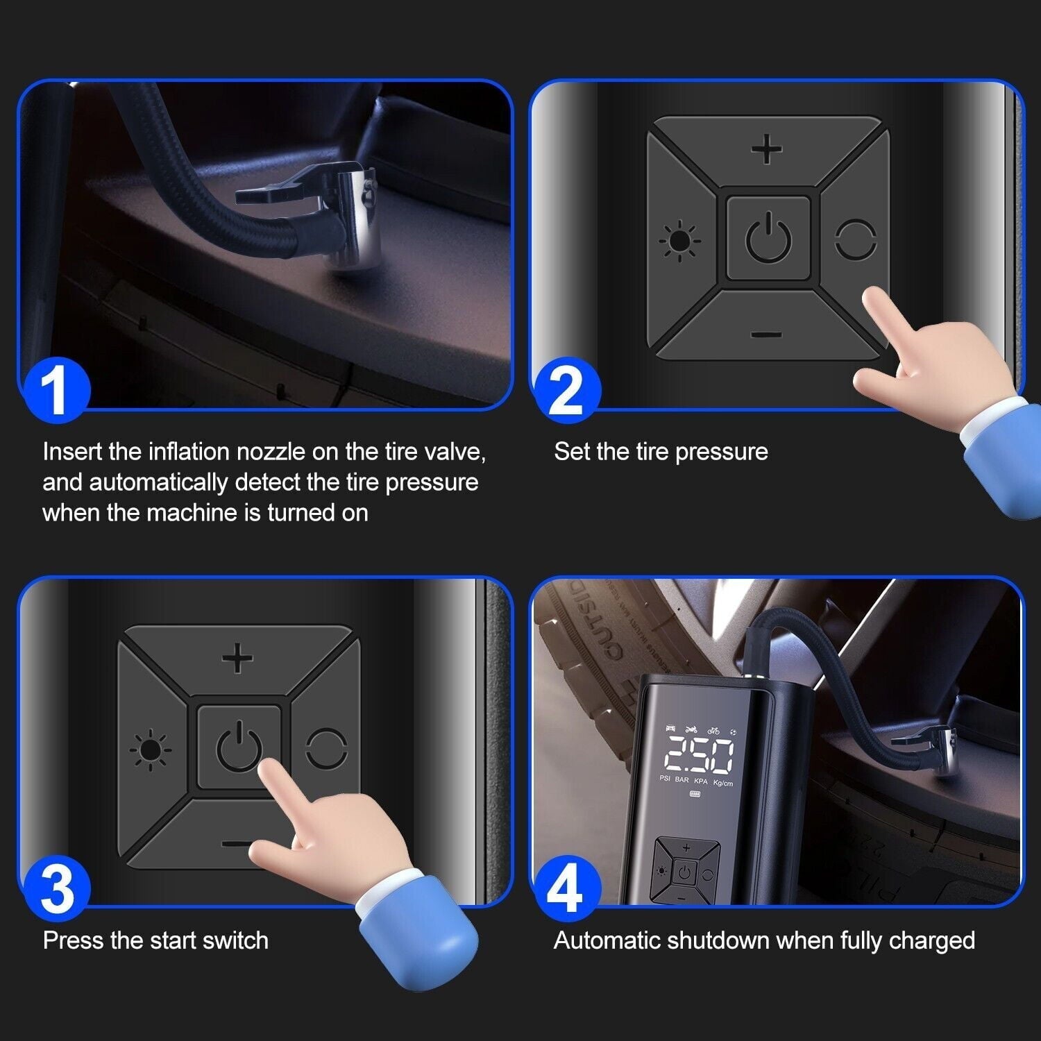 150 PSI Air Compressor Tire Inflator Fits Car Moto Bike Tires Air Pump Cordless