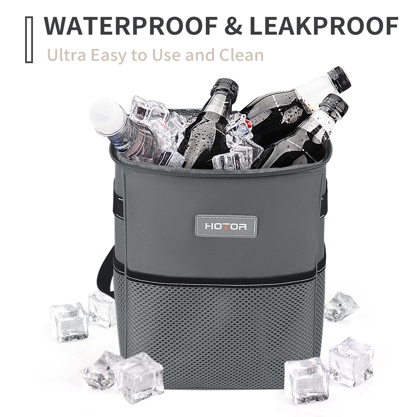 HOTOR Car Trash Can with Lid, Leak-Proof Car Garbage Can with Mesh Pockets, Car Accessories, 2 Gallons, Gray