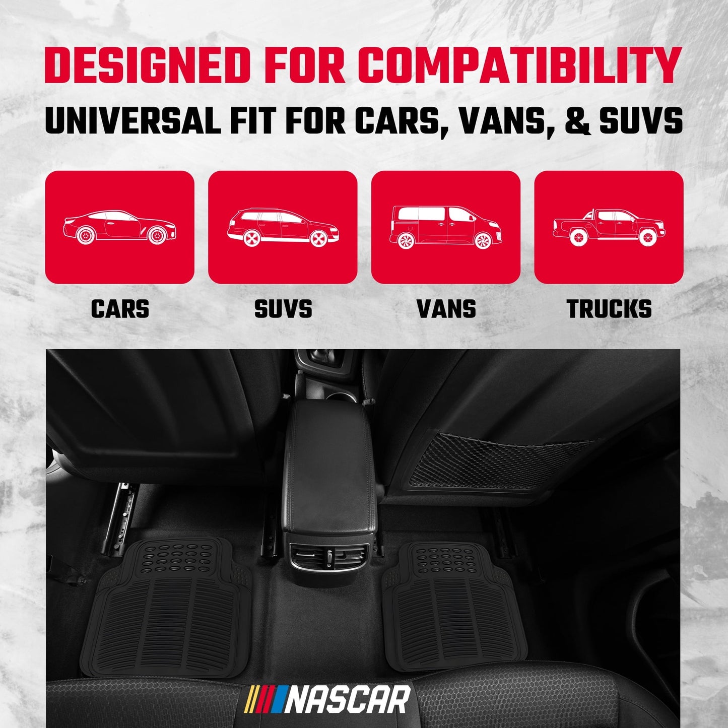 NASCAR Premium Car Floor Mats, 4-Piece Set | Heavy Duty All-Weather Rubber | Universal Trim-to-Fit for Cars, Trucks & SUVs | Traps Dirt, Snow & Water