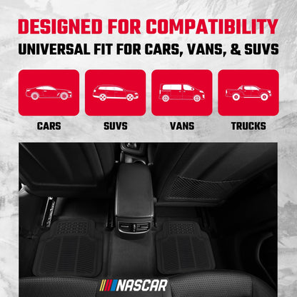 NASCAR Premium Car Floor Mats, 4-Piece Set | Heavy Duty All-Weather Rubber | Universal Trim-to-Fit for Cars, Trucks & SUVs | Traps Dirt, Snow & Water