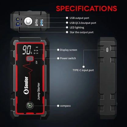Car Battery Jump Starters, 3000A 12V Lithium Battery , Jumper Cables-for All Gas Engines, Jump Starter with Dual USB Power Bank QC 3.0 Fast Charging.