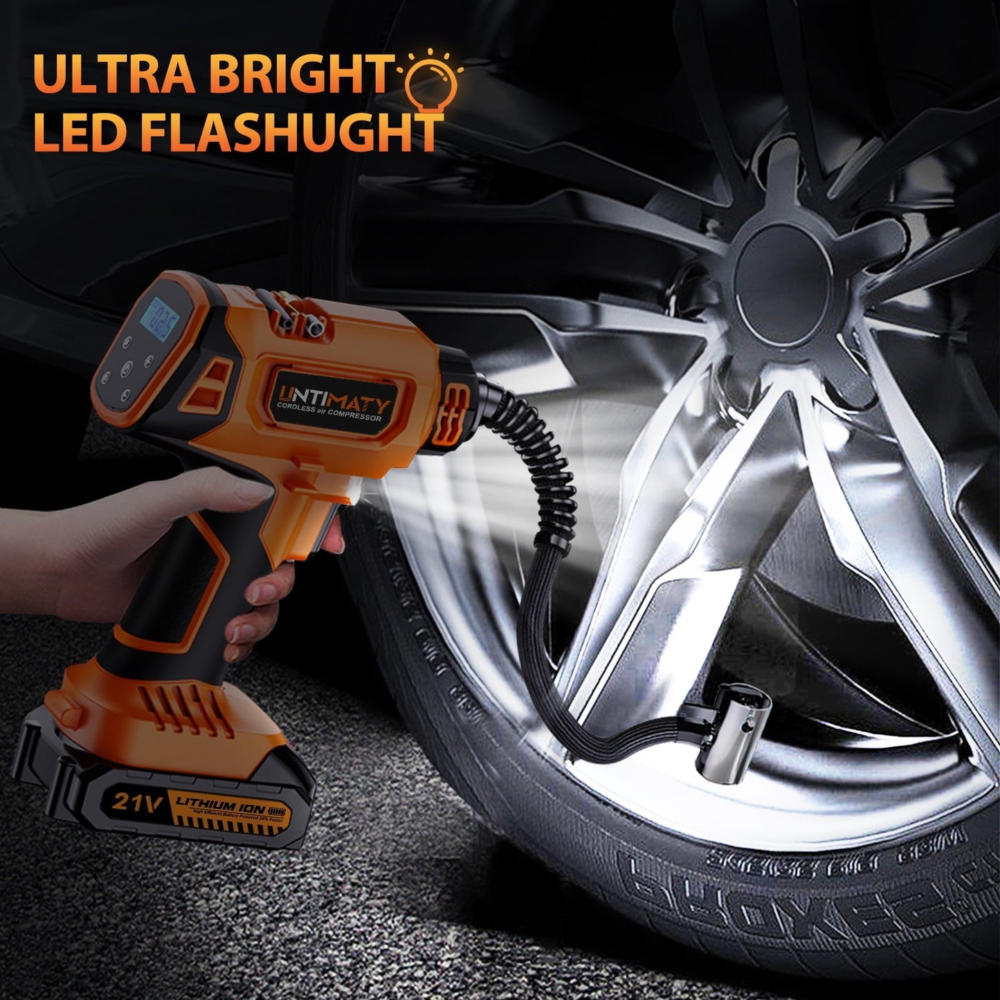 Cordless Tire Inflator, UNTIMATY Portable Air Compressor, 150PSI Handheld Air Pump with 21V Rechargeable Battery, Digital Pressure Gauge for Cars Motorcycles