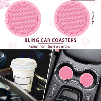 10 PCS Car Accessories Leather Steering Wheel Cover Set, Car Steering Wheel Cover for Women with Seat Belt Pads Cup Holders Start Button, Pink