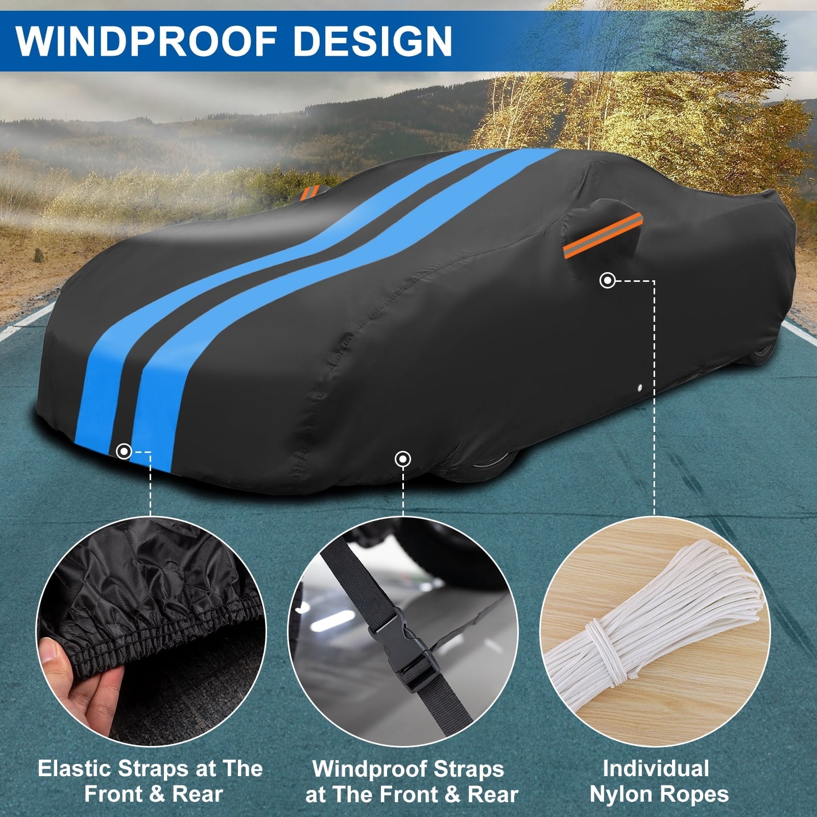 FANOTEK Car Cover Custom Fit for Ford Mustang 1982-2025, Waterproof PEVA with Soft Liner Full Cover, Outdoor Sun UV Rain Dust Protection All Weather