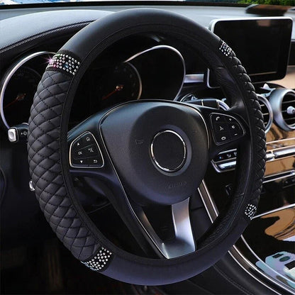 Universal Car Steering Wheel Cover 37-38cm Leather Embroidered Color Diamond-Studded Elastic Four Seasons Steering Wheel Cover Black-Red