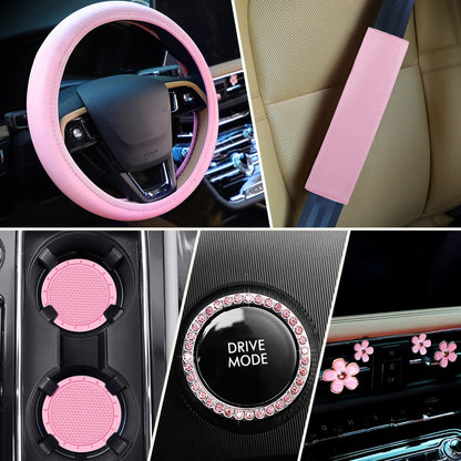 10 PCS Car Accessories Leather Steering Wheel Cover Set, Car Steering Wheel Cover for Women with Seat Belt Pads Cup Holders Start Button, Pink