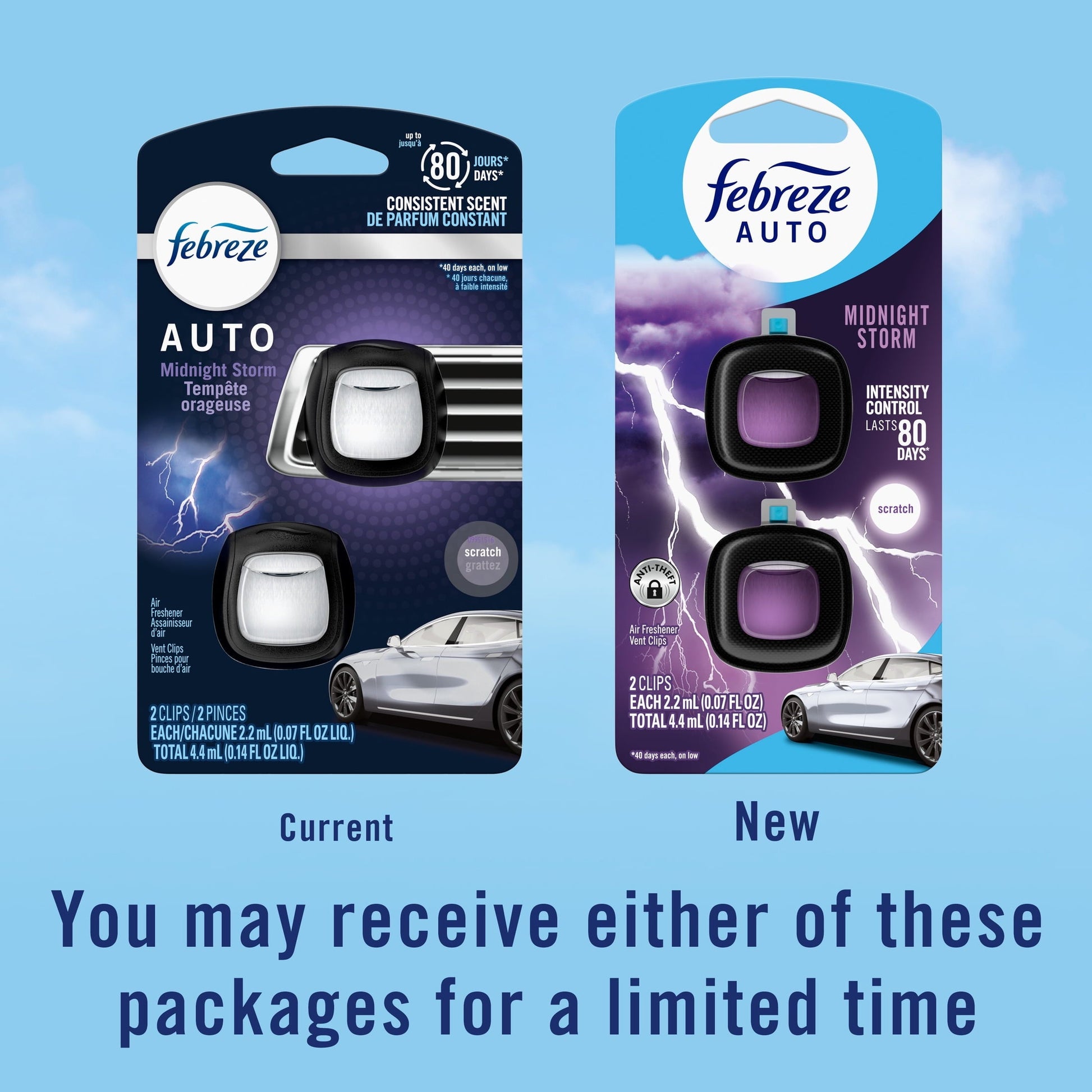 Febreze AUTO Car Air Freshener, Odor-Fighting Car Vent Clip, Midnight Storm, 2 Count