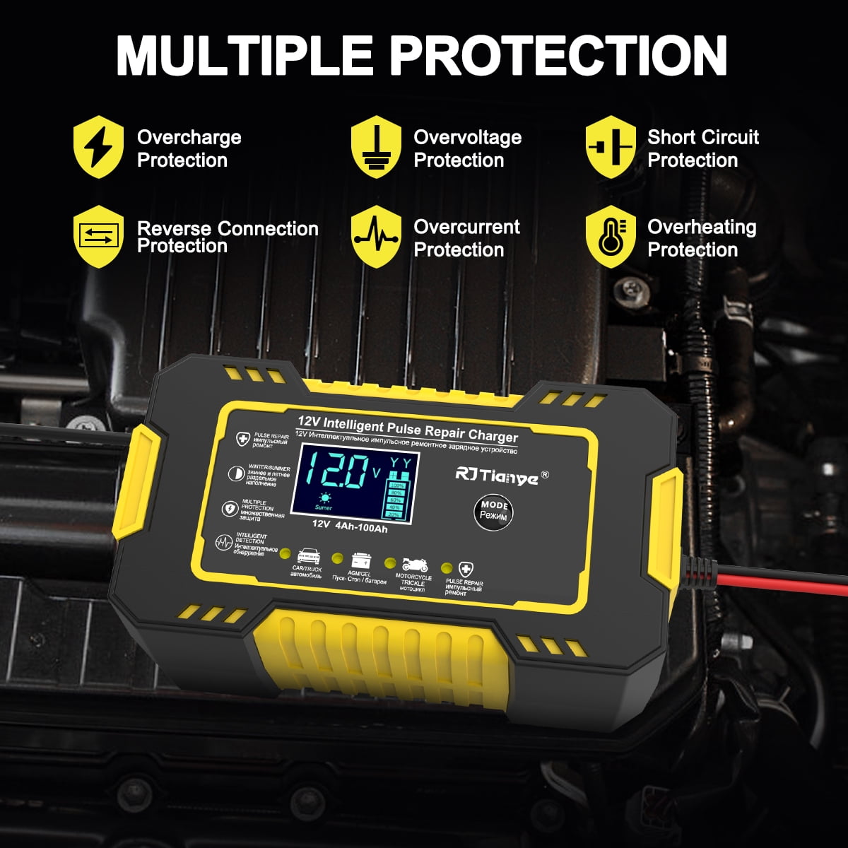 Car Battery Charger, 12V 6A Smart Battery Trickle Charger Automotive 12V Battery Maintainer Desulfator with Temperature Compensation for Car Truck Motorcycle Lawn Mower Marine