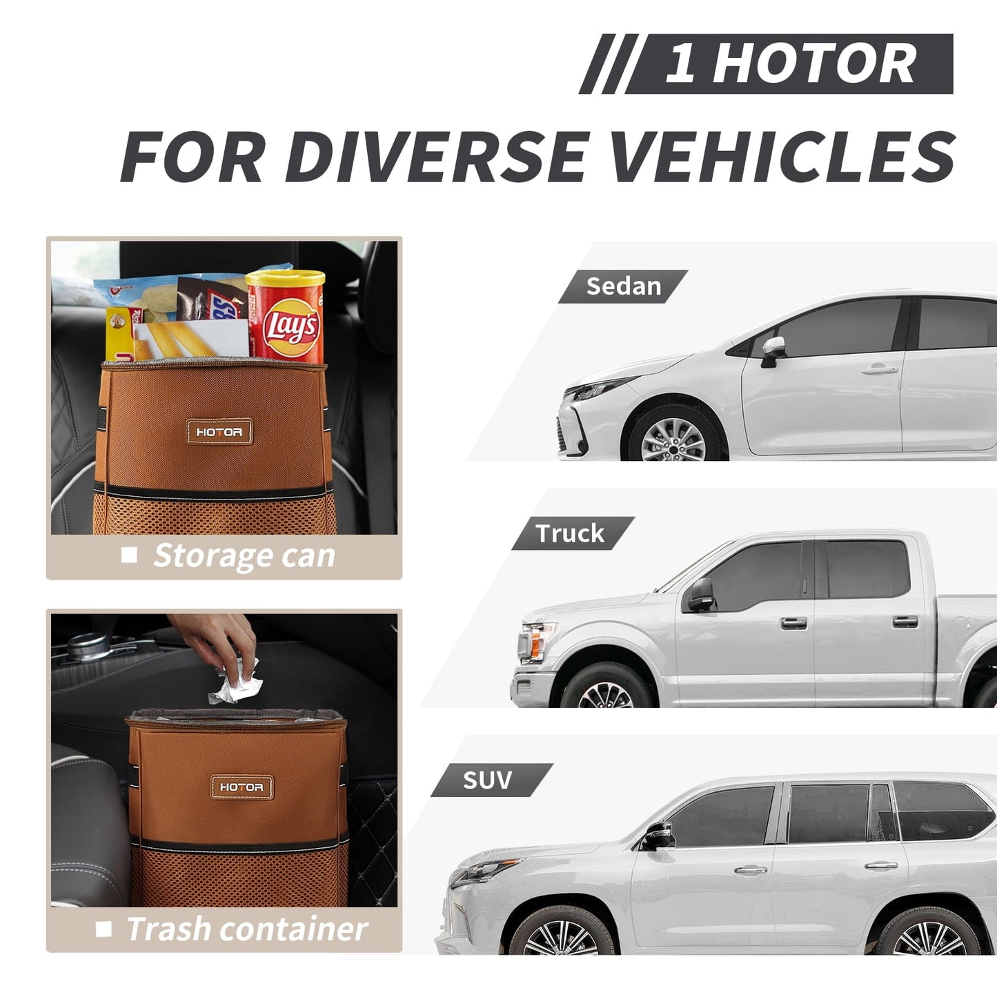 HOTOR Car Trash Can with Lid, Leak-Proof Car Garbage Can with Mesh Pockets, Car Accessories, 2 Gallons, Brown