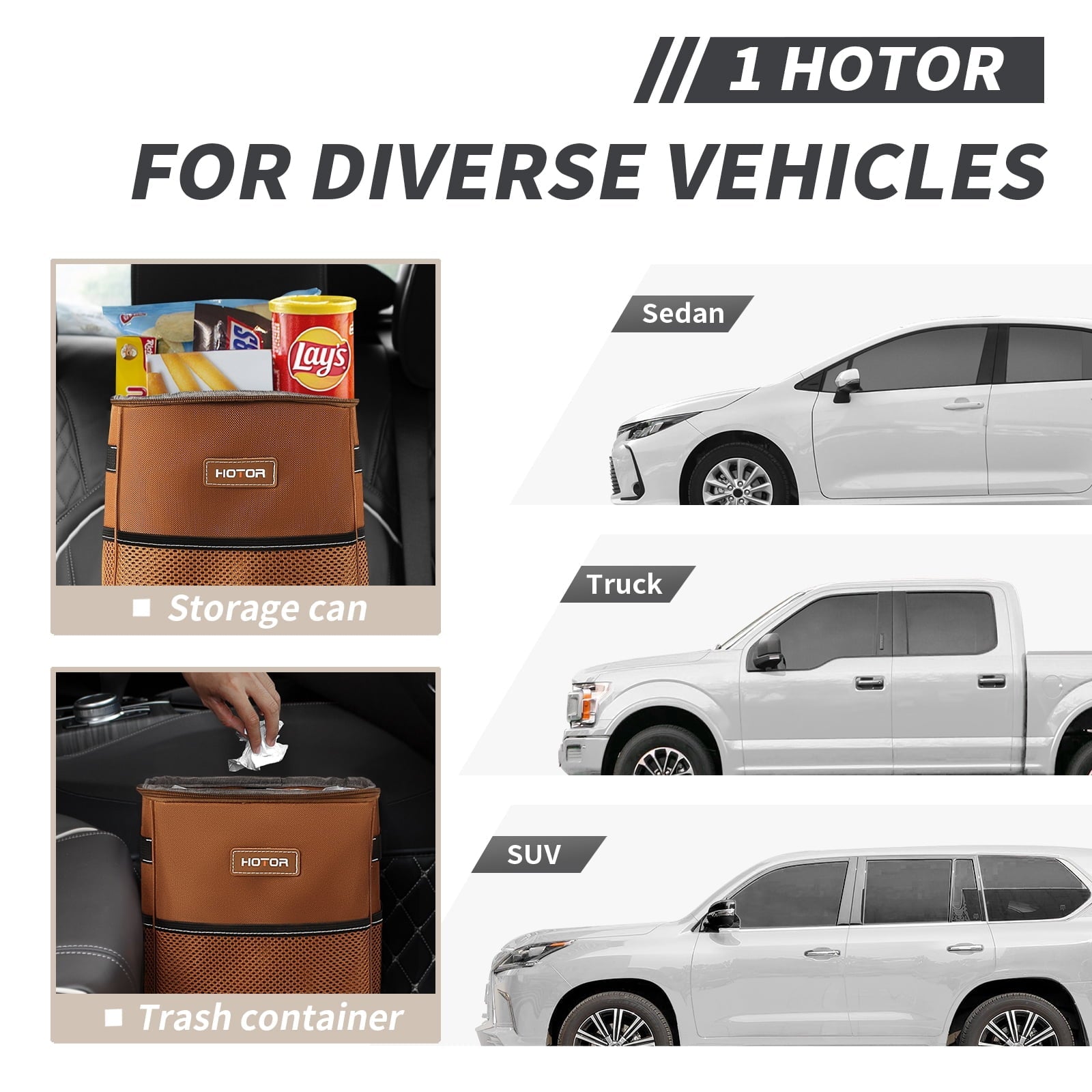 HOTOR Car Trash Can with Lid, Leak-Proof Car Garbage Can with Mesh Pockets, Car Accessories, 2 Gallons, Brown