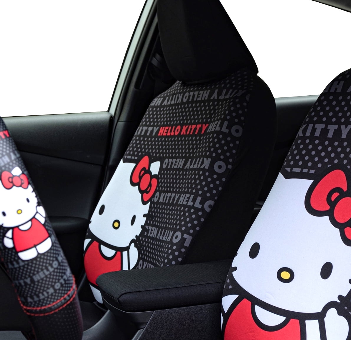 Yupbizauto Hello Kitty Car Accessories Seat Cover with 4 Rubber Mats, Steering Wheel Cover and Air Freshener Bundle Set
