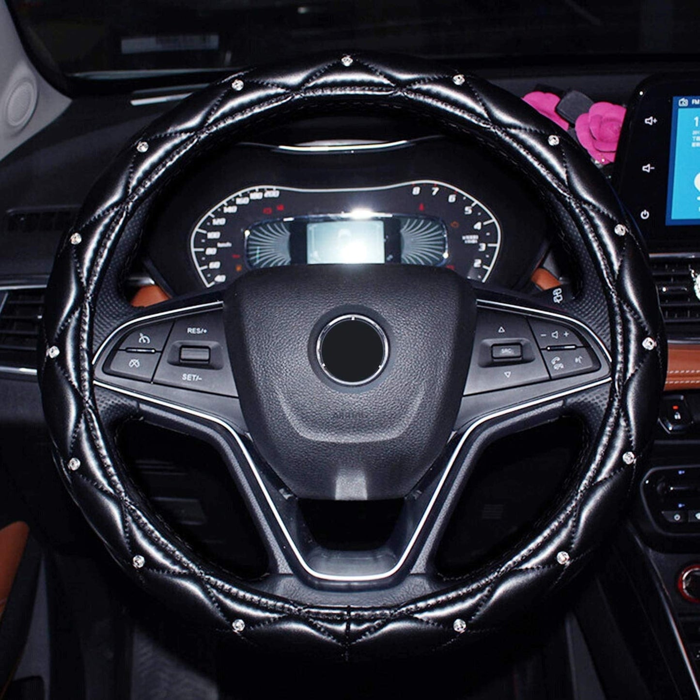 eing Pu Leather Steering Wheel Cover,Bling Crystal Steering Wheel Cover Universal Fit 15" Car Wheel Protector ,Black