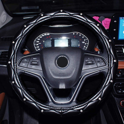 eing Pu Leather Steering Wheel Cover,Bling Crystal Steering Wheel Cover Universal Fit 15" Car Wheel Protector ,Black