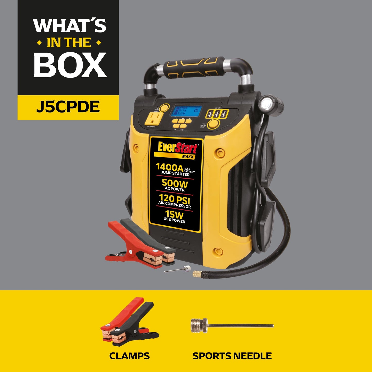 EverStart Maxx J5CPDE 1400 Peak Amps Jump Starter, Power Station, 500W Inverter, 120 PSI Compressor