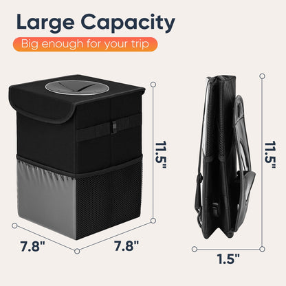 Deli Car Trash Can with Lid, 3 Gallon/11.5L Leak-Proof Trash Bin Car Garbage Can with Mesh Pockets,Waterproof Collapsible Car Organizer Hanging for Back/Front Seat/Console