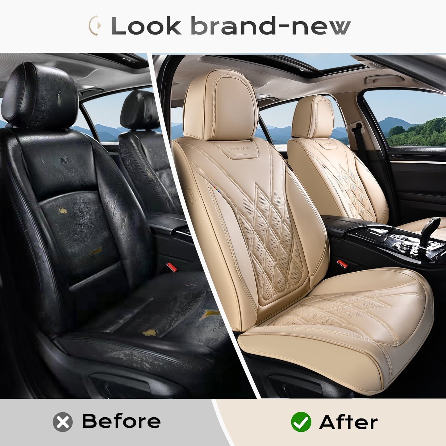 Coverado Front Covers For Cars, Waterproof Faux Leather Seat Protectors 2 Seats, Auto Cushions Universal Fit for Most Cars, Beige