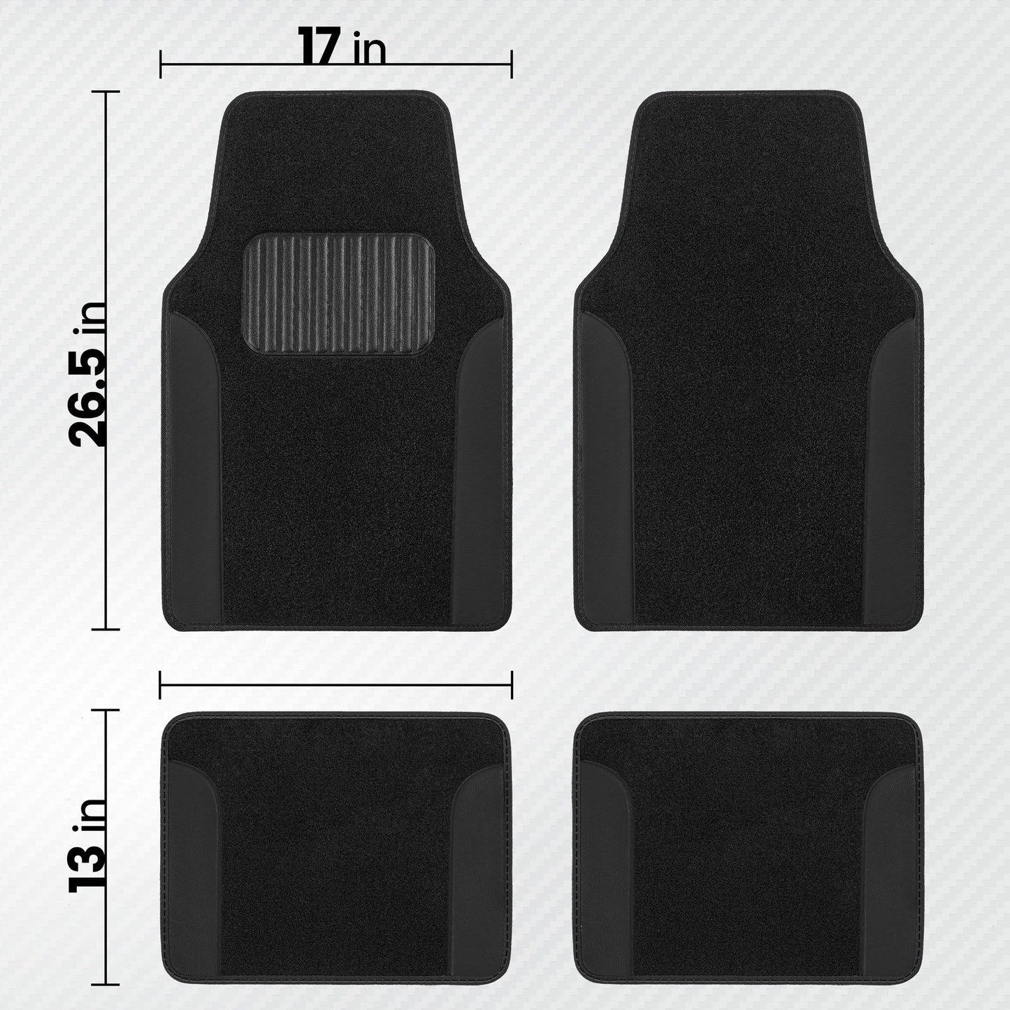 BDK Floor Mats for Cars, Two-Tone Carpet with Faux Leather Accents, Automotive Floor Mat Set with Built-In Heel Pad, Stylish Interior Car Accessories (Black)