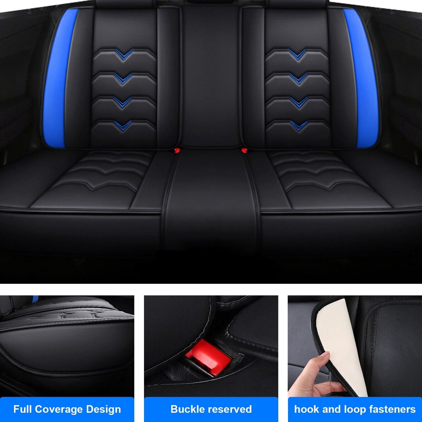 FANOTEK Black/Blue, PU Leather, Waterproof, Cushioned, Front Rear Seat Covers, 5 Pieces
