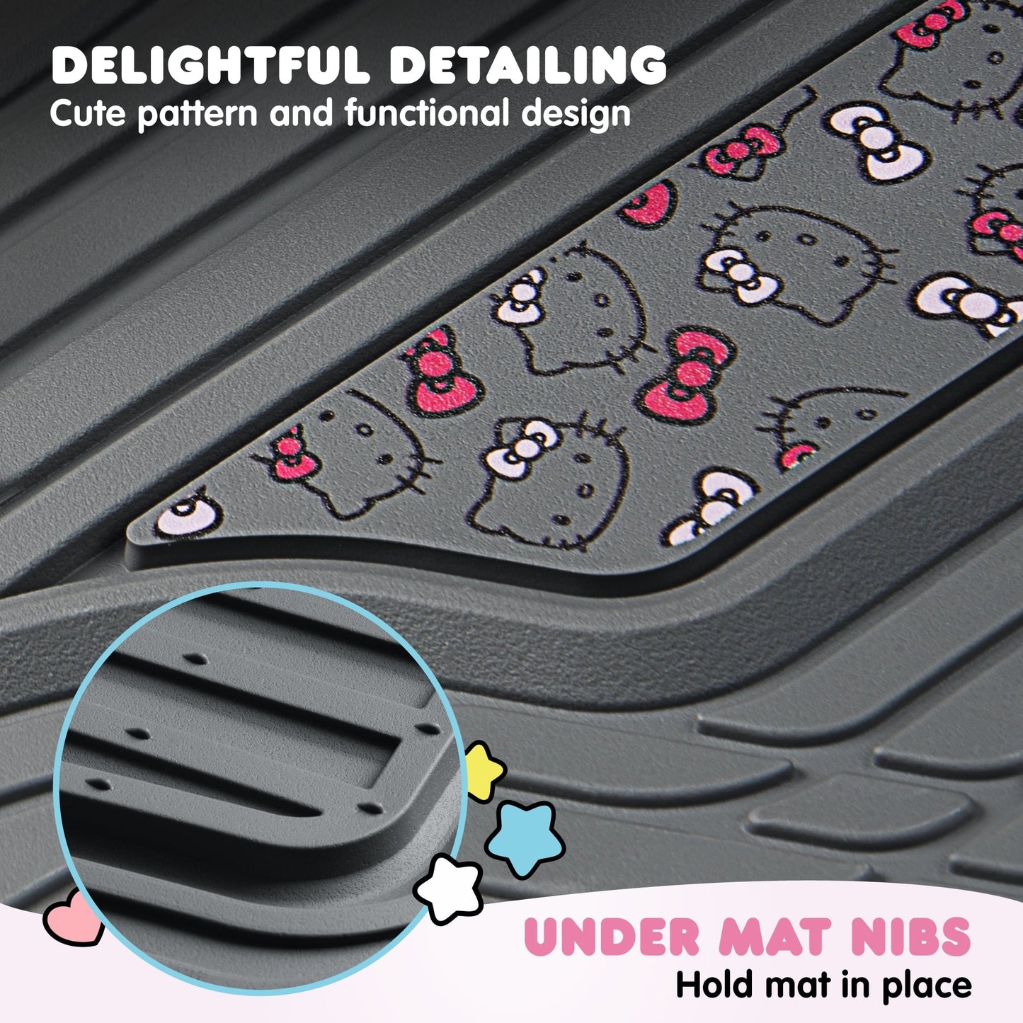 Hello Kitty 4pc Car Mats for Cars, Trucks, SUVs - Kawaii Rubber Floor Mats for Women & Men, Heavy Duty Non-Slip Front & Rear Mats, Cute Hello Kitty Accessories, Classic Gray with Pink Bows
