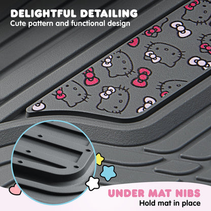 Hello Kitty 4pc Car Mats for Cars, Trucks, SUVs - Kawaii Rubber Floor Mats for Women & Men, Heavy Duty Non-Slip Front & Rear Mats, Cute Hello Kitty Accessories, Classic Gray with Pink Bows