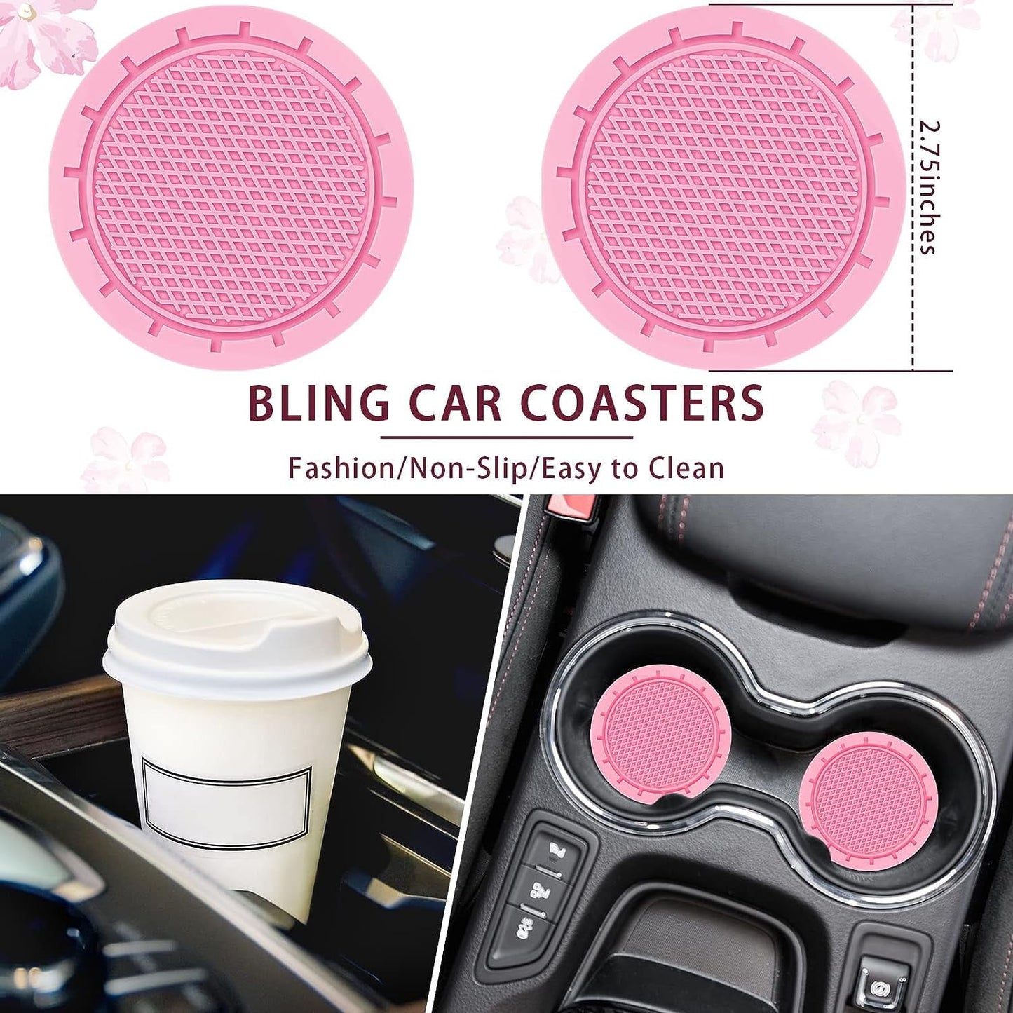 Leather Steering Wheel Cover for Women Cute Car Accessories Set of 10 Includes Seat Belt Shoulder Pads Seatbelt Covers Cup Holders Start Button Ring Sticker Air Vent Clip Car Accessories(Pink)