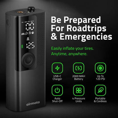 Airmoto Tire Inflator Portable Air Compressor - Air Pump for Car Tires with Tire Pressure Gauge