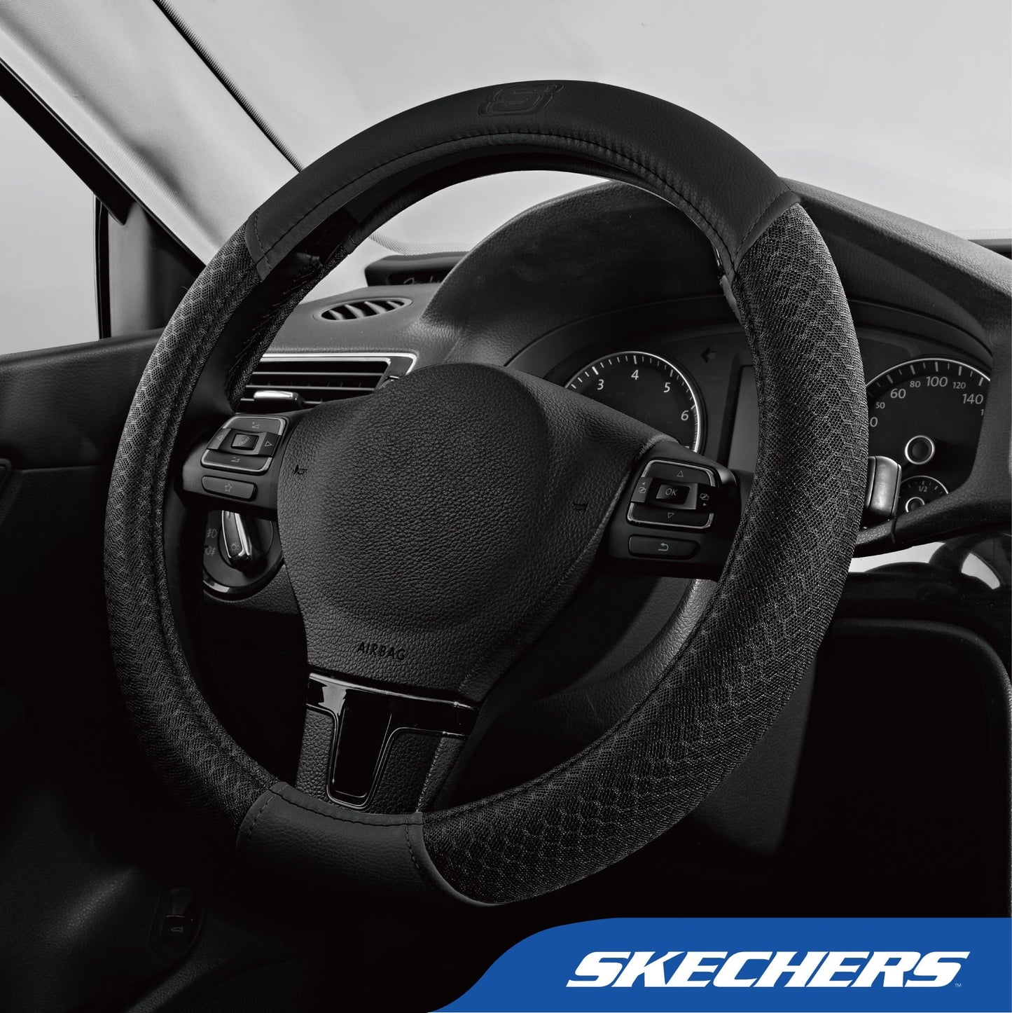 Skechers Air Cooled Memory Foam Steering Wheel Cover, Breathable Comfort Grip, Soft Leather, All-Season Fit for Cars, SUVs, and Trucks Hot Black