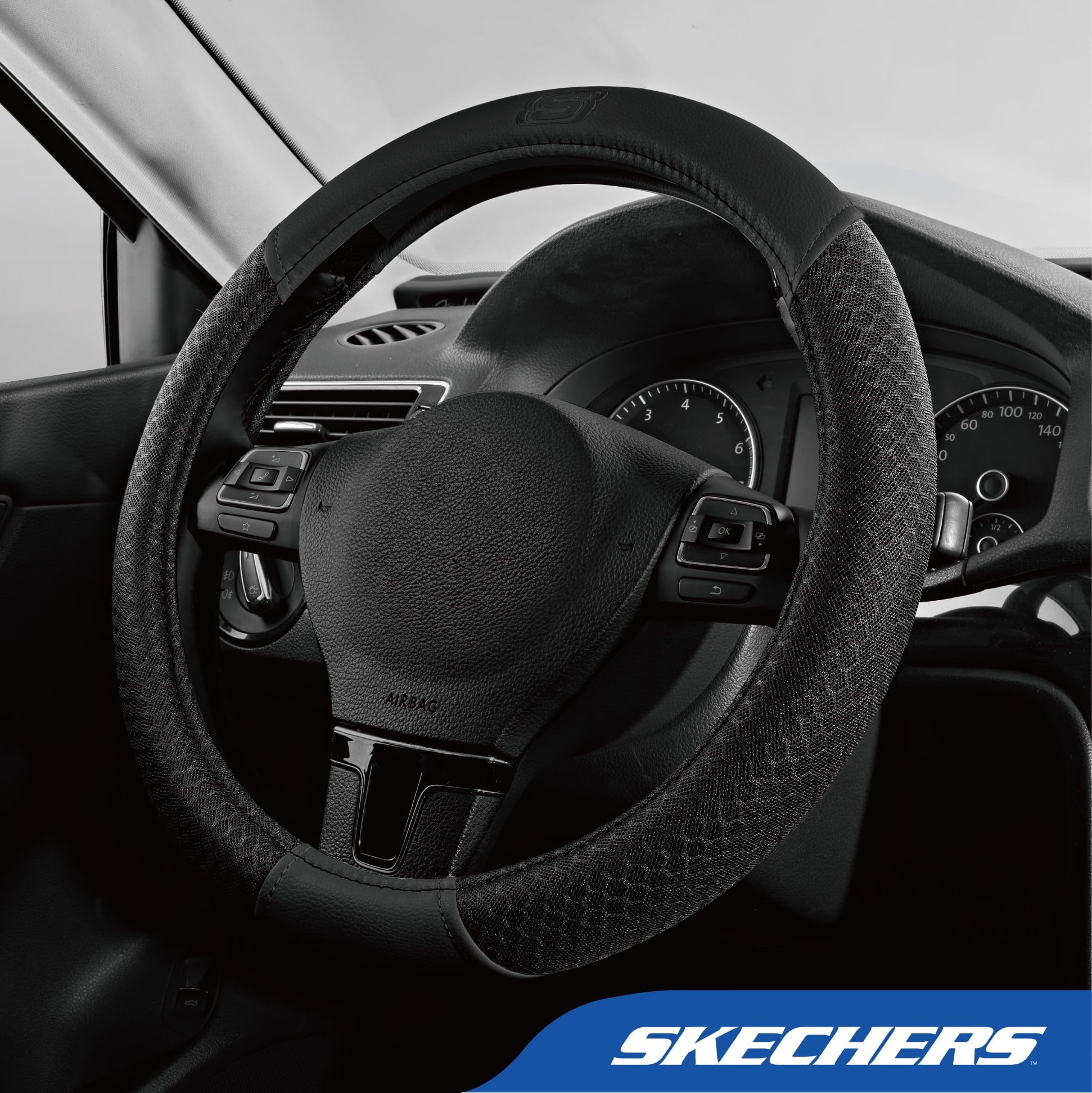 Skechers Air Cooled Memory Foam Steering Wheel Cover, Breathable Comfort Grip, Soft Leather, All-Season Fit for Cars, SUVs, and Trucks Hot Black