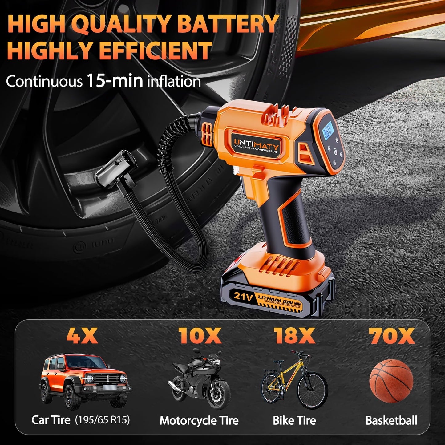 Cordless Tire Inflator, UNTIMATY Portable Air Compressor, 150PSI Handheld Air Pump with 21V Rechargeable Battery, Digital Pressure Gauge for Cars Motorcycles