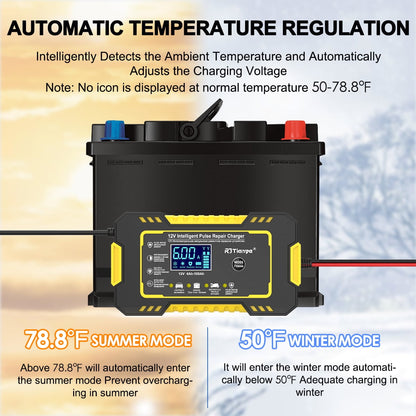 Car Battery Charger, 12V 6A Smart Battery Trickle Charger Automotive 12V Battery Maintainer Desulfator with Temperature Compensation for Car Truck Motorcycle Lawn Mower Marine