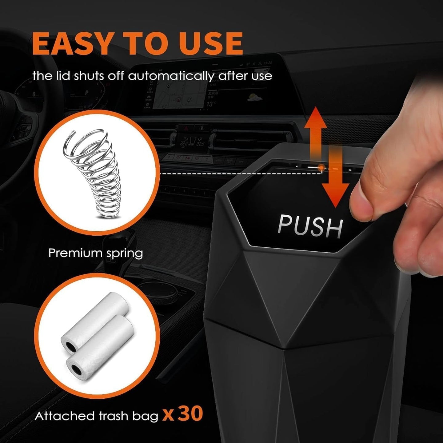 HOTOR Car Trash Can with Lid, 1 pack, Mini Portable Garbage Bin with 15 Bags, Leak-Proof Organizer for Cup Holders and Desktop, Black