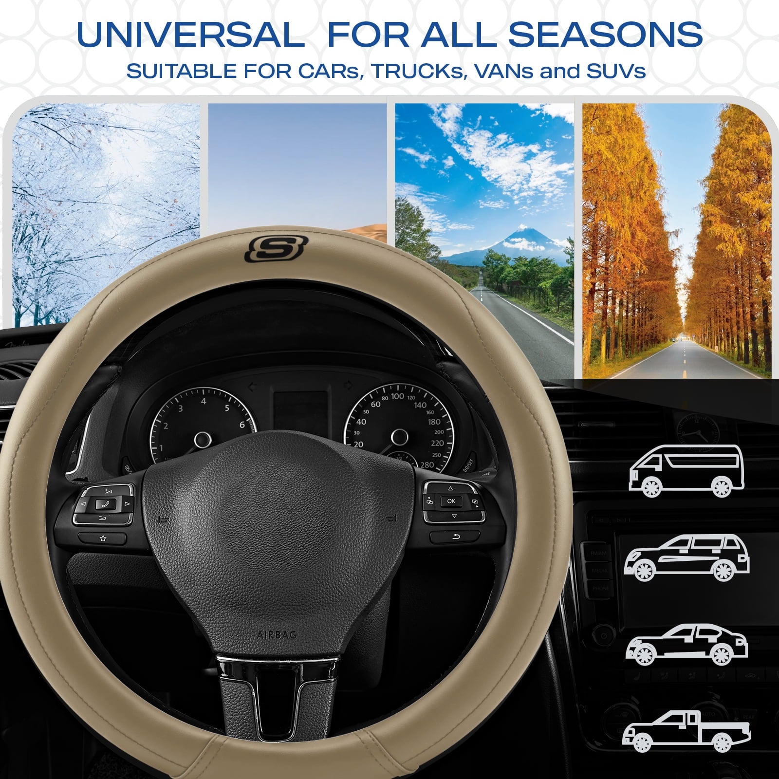 Skechers Leather Steering Wheel Cover, Premium Non-Slip Comfort, Durable and Universal Fit for Cars and Trucks Beige