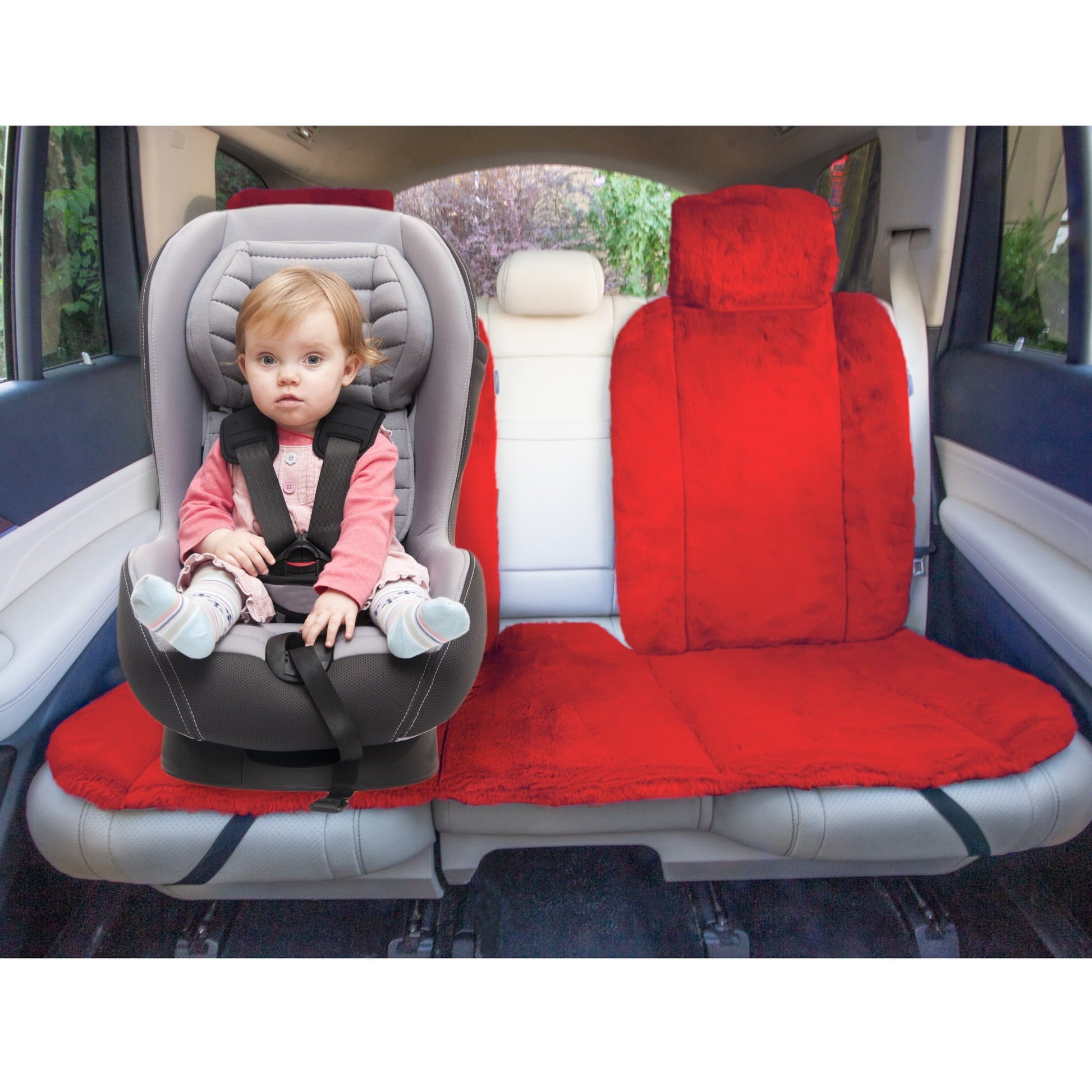 FH Group Doe16 Fluffy Faux Rabbit Fur Rear Car Seat Cushion, for Most Cars, Trucks, SUVs or Vans - Red