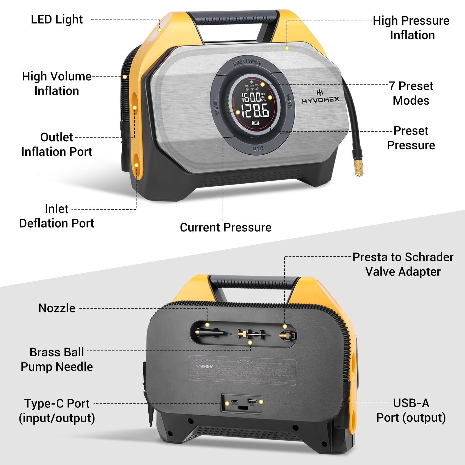 HYVOHEX Tire Inflator Portable Air Compressor for Heavy-duty Vehicle Cordless Air Pump for Car Inflatables 15600mAh Battery