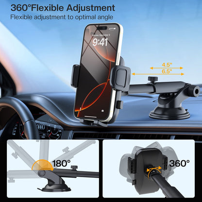 MaxAngel 3-in-1 Car Phone Holder with Military-Grade Suction Cup, Metal Hook Ventilation Clip, 360° Rotating Phone Holder for iPhone, Samsung & Android Smartphones,Black