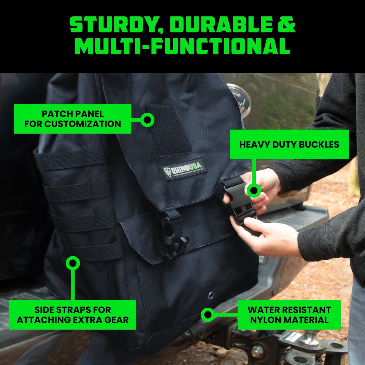 Rhino USA Tail Gate Trash Bag – Molle Compatible Overlanding Gear, Camping Essentials & Ultimate Accessory for Jeep Gladiator, Trucks & More - Black