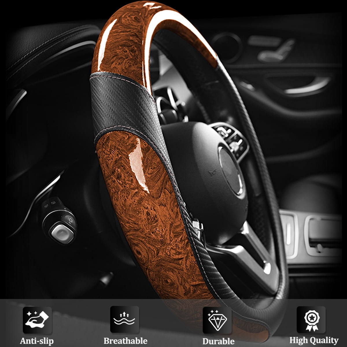 XUKEY Car Steering Wheel Cover Carbon Fiber Wood Grain Universal 14.5" to 15"
