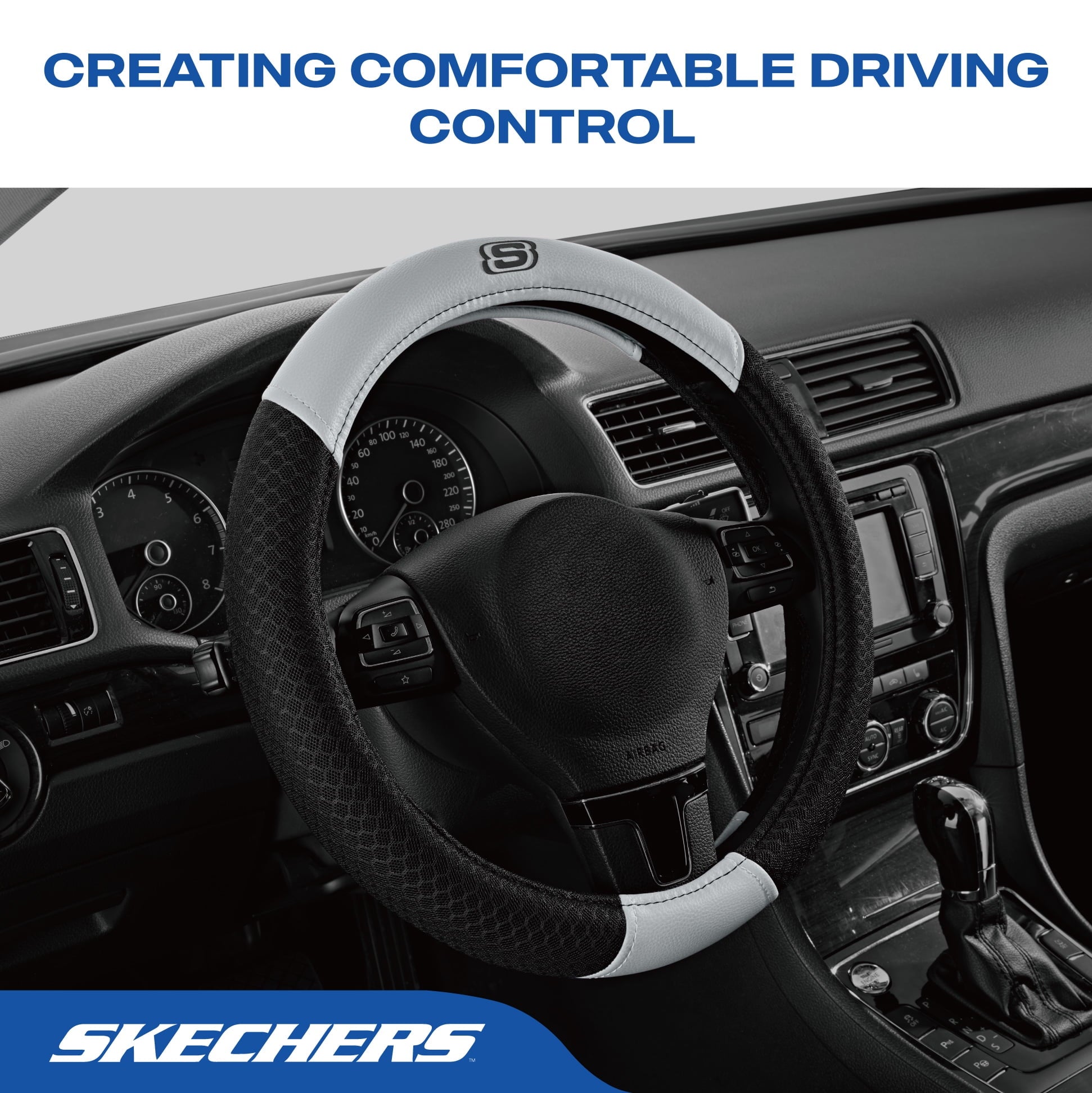 Skechers Air Cooled Memory Foam Steering Wheel Cover, Breathable Comfort Grip, Soft Leather, All-Season Fit for Cars, SUVs, and Trucks Gray