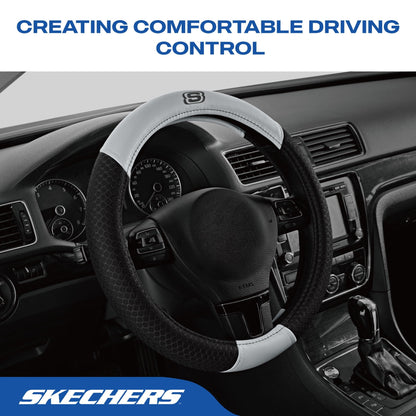 Skechers Air Cooled Memory Foam Steering Wheel Cover, Breathable Comfort Grip, Soft Leather, All-Season Fit for Cars, SUVs, and Trucks Gray