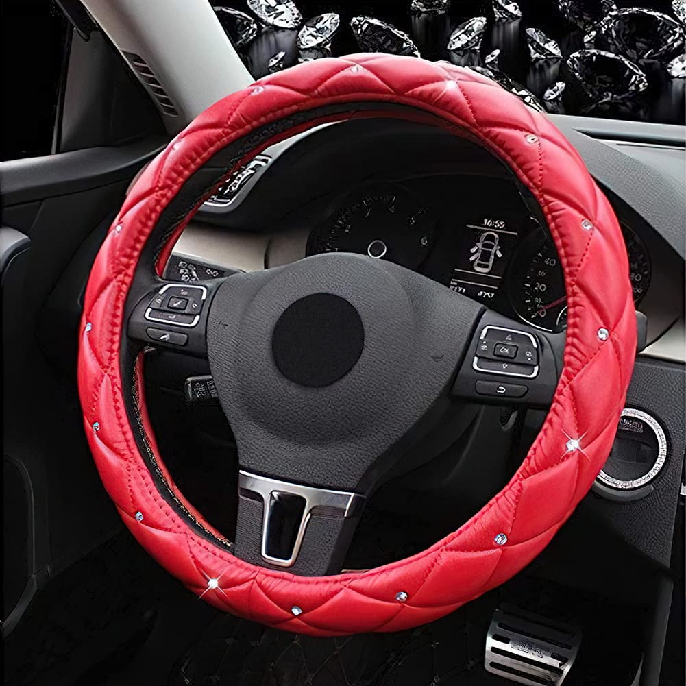 eing Pu Leather Steering Wheel Cover,Bling Crystal Steering Wheel Cover Universal Fit 15" Car Wheel Protector for Women Girls,Red